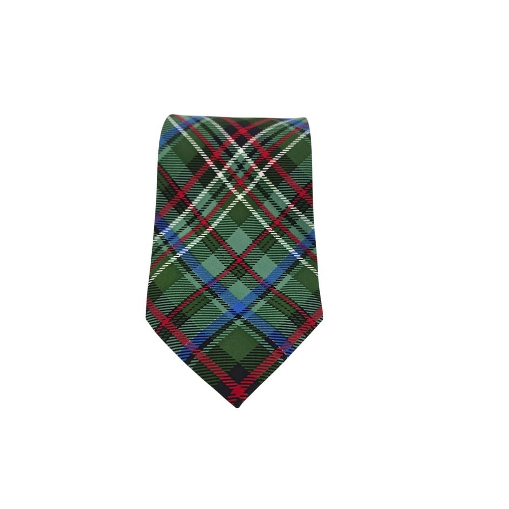 The Tie Bar Mens Green Plaid Silk Necktie Stain Resistant Tartan Extra Long